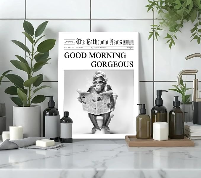Funny Gorilla Bathroom Canvas Wall Art Black White Gorilla Reading Newspapers Painting Picture Wall Decor Humorous Bathroom Animals Poster Print Artwork for Toilet Home Decoration 12x16in