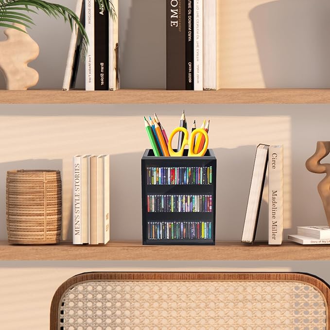 Anxiety Bookshelf Ornament Mini Bookshelf Miniature Library with 100pcs Mini Books, Mini Bookstore, Shake Off Your Anxiety, Bookmark or Pencil Holder Organizer for Book Lovers Home Decor (Black)