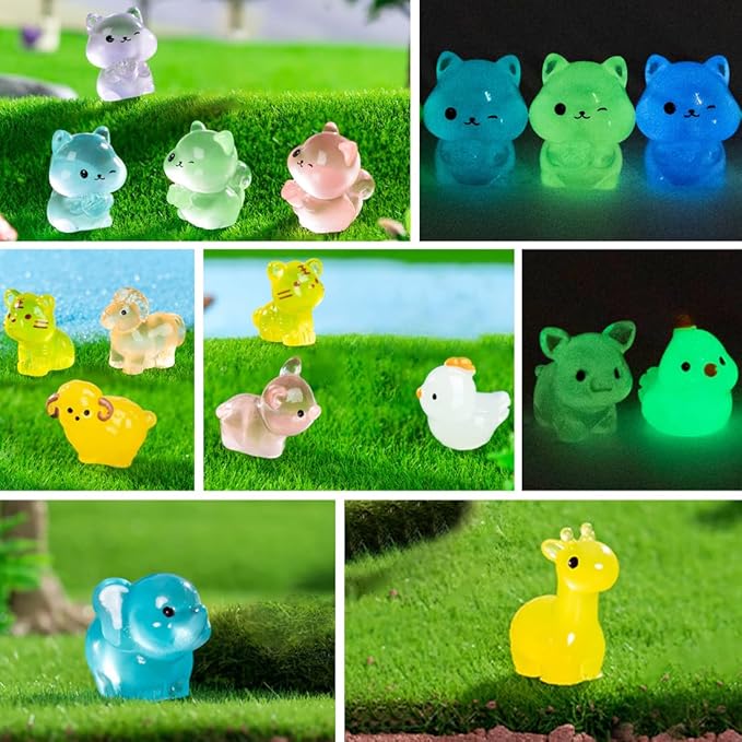 JIUDUOYUAN 250 Pcs Luminous Mini Resin Animals Tiny Mini Figurines Glow in The Dark Garden Miniatures Animal for Micro Dollhouse Landscape Fairy Garden Decorations