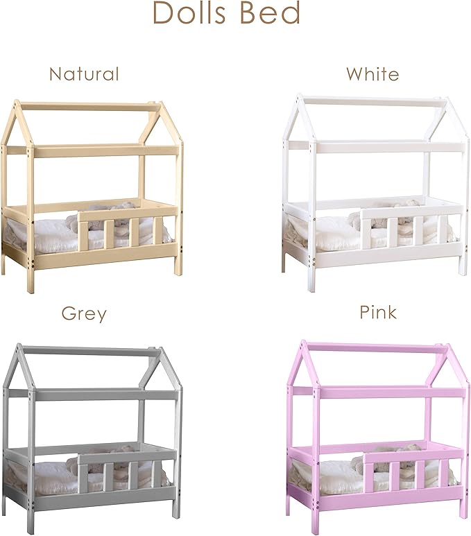BUSY WOOD Wooden Doll Bed Pair to Toddler Bed Frame - Bedroom Furniture for Girl - Dolls Bed Pretend Play - Montessori Furniture - White Color Bed - Color Variation