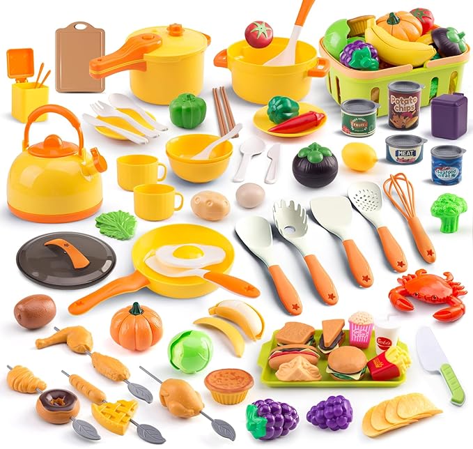 120Pcs Mini Play Kitchen Accessories, Kids Pretend Cooking Playset with Desserts, Cuttable Veggies & BBQ & Storage Basket, Educational Role-Play Gift for Toddlers, Child, Yellow
