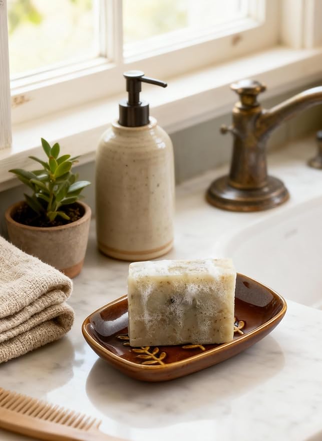 Soap Dish for Shower, Ceramic Soap Holder Soap Dishes for Bar Soap Sponge, Decorative Soap Saver Tray for Bathroom Kitchen Sink Bathtub, Pro-Environment, Extend Soap Life, Dark Brown