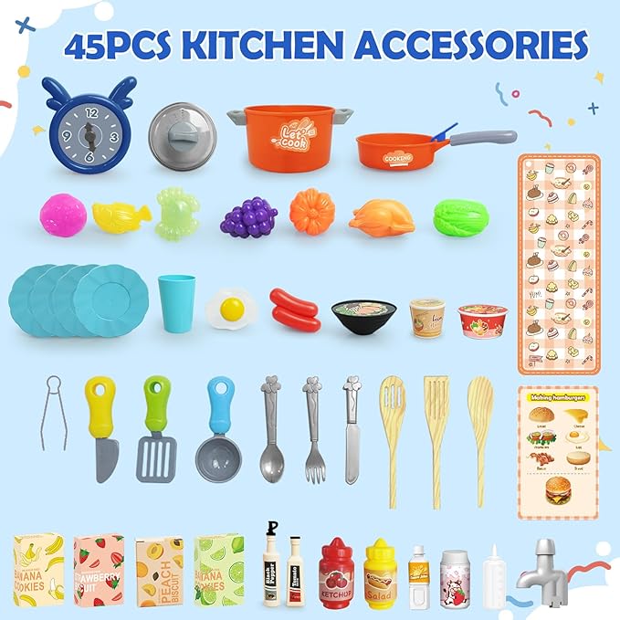 RedCrab Kids Kitchen Playset Toys, Simulate Mini Kitchen with Light and Sound, Food Toys & Kitchen Accessories, Multi-Functional Cooking Assistant, Pretend Toy Set for Toddlers 3-8(Blue)