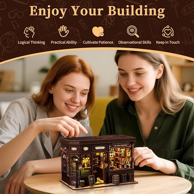 Hallisun DIY Miniature House Kit, Mini 3D Wooden Corner Tavern Building Kit with Furniture and LED, Tiny Diorama Dollhouse Model Set, Handmade House Craft Birthday for Adults Teens