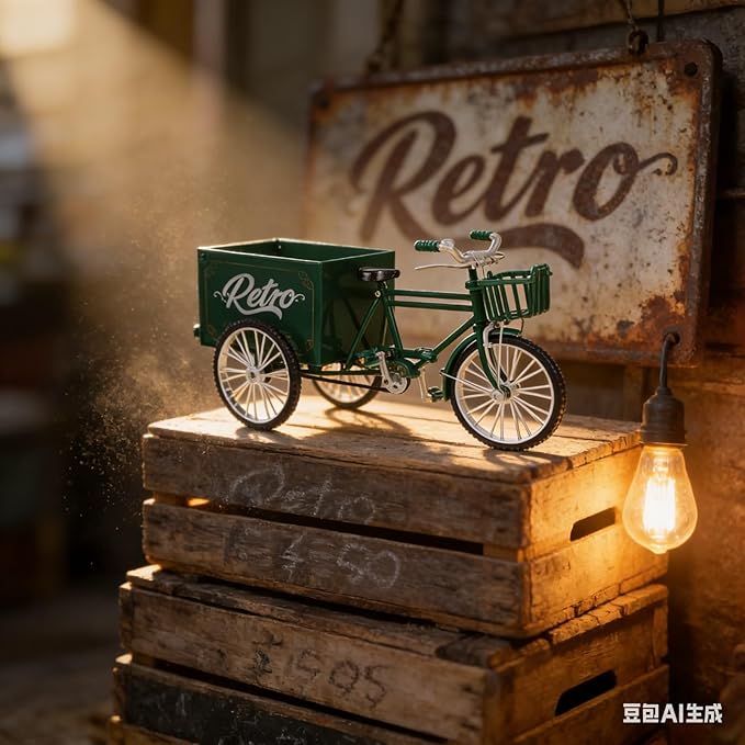 LOGOFUN Mini Tricycle Dollhouse 1:12 Miniature Vintage Vehicle Model Tiny Metal Tricycle Ornament for Micro Scene Outdoor Accessories - Green