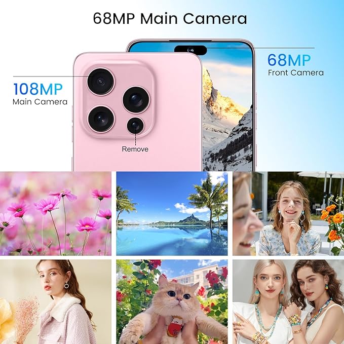 Huness I16PROMAX 16+1TB Smartphone Unlocked Cell Phone,6.99" HD Screen Unlocked Phones,Battery 7000mAh Android 14,Face ID/Fingerprint Button unlock/Photos/5G/Dual SIM/GPS (Pink, 16+1TB)