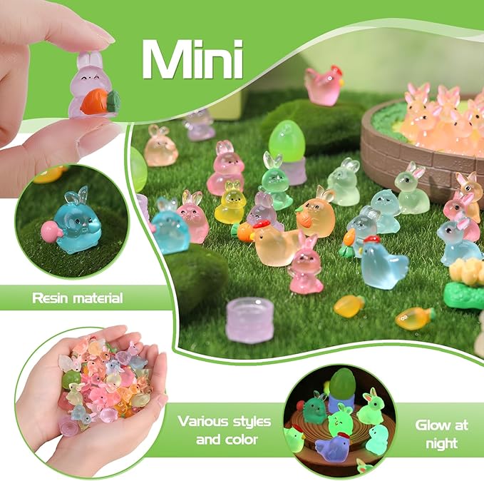 68Pcs Easter Mini Bunny Figurines Luminous Resin Animals Tiny Rabbit Chickens Figures to Hide Miniature Figurines for Egg Fillers Easter Decorations