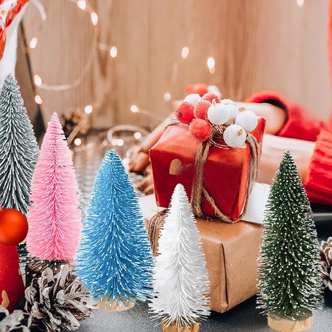 Yahpetes Artificial Mini Christmas Trees, 30 Pcs Sisal Snow Pines in 5 Sizes, Crafting Displaying Decoration, Tabletop Xmas Tree for Home, Party (Pink/White/Green)