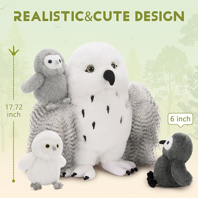 4Pcs Owl Plush Set, Giant Mother Owl Stuffed Animal with 3 Baby Owls Inside, 18" Cute Stuffed Owl for Girls Boys Kids, Soft Owl Plushie Gift for Christmas Birthday Baby Shower, White