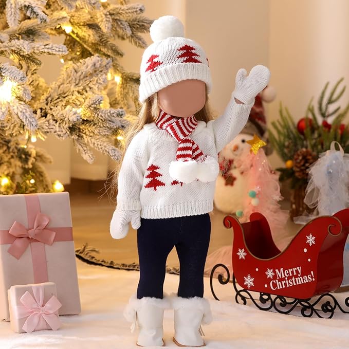 Bencailor 6 Pcs Winter 18 Inch Doll Clothes and Accessories Winter Outfits Set Sweaters Trousers Hats Shoes for 18 Inch Doll Gifts(Red White,Vintage)