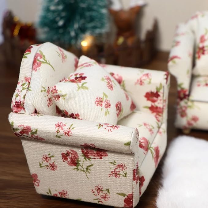 Dollhouse Couch with Pillow 1 12 Scale Miniature Sofa Arm Chair Living Room Furniture Wooden Fabric Frame Single Reading Chair Artificial House Room Scene Decoration (White Floral)