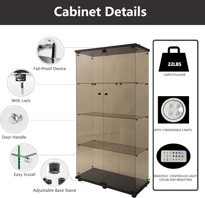 Glass Display Cabinet with Lights and Lock, 4-Tier Display Case Curio Cabinet with Glass Door, Floor Standing Showcase for Living Room Bedroom Home Office 31" W x 14.3" D x 64.5" H