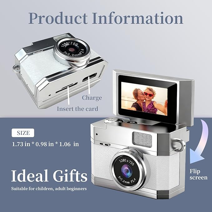 ‌Mini Keychain Digital Camera White - HD Mini Digital Camera with 0.96" Flip Screen & 32GB Card, Portable Wearable Keychain Camera for Bag Charm, Necklace Pendant, Selfie, Travel, and Vlogging