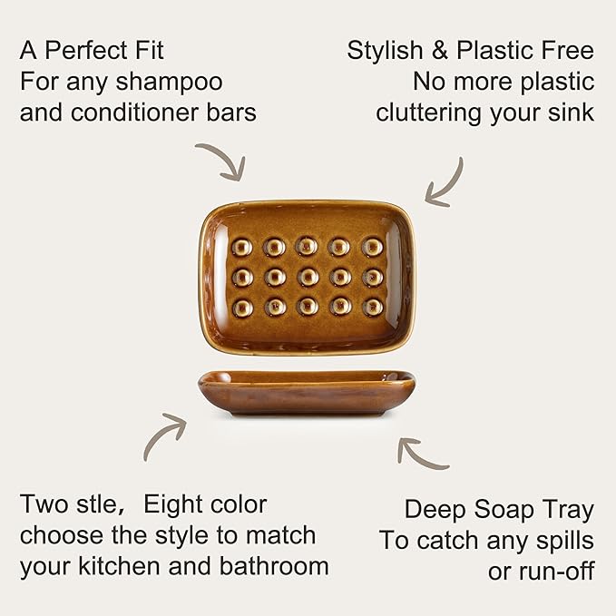 Soap Dish for Shower, Ceramic Soap Dish for Bar Soap Sponge, Soap Holder Saver Tray for Bath Kitchen Sink Bathtub, Farmhouse Decor, Raised Pattern - Keep Soap Dry, Dark Brown