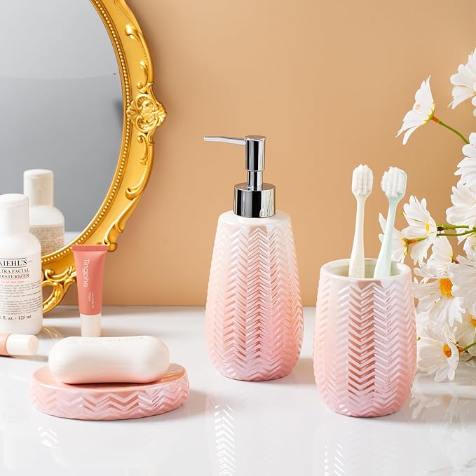 Pink Bathroom Accessories Set, 3 Pcs Ceramic Bathroom Decor Contain Toothbrush Holder,Soap Dispenser, and Soap Dish.