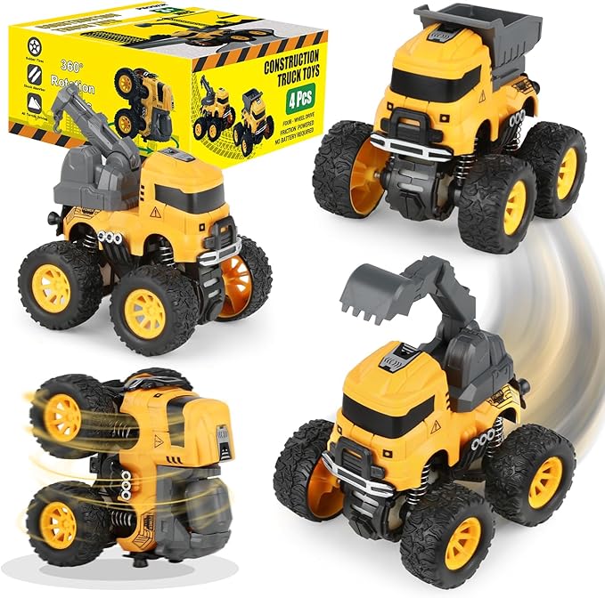 Construction Truck Toys, Push and Go Toy Trucks for Toddlers Kids Age 3-8, 4 Pack Friction Powered Car Toys Include Crane Mixer Excavator Dump Truck Best Christmas Birthday Gift for Boys Girls