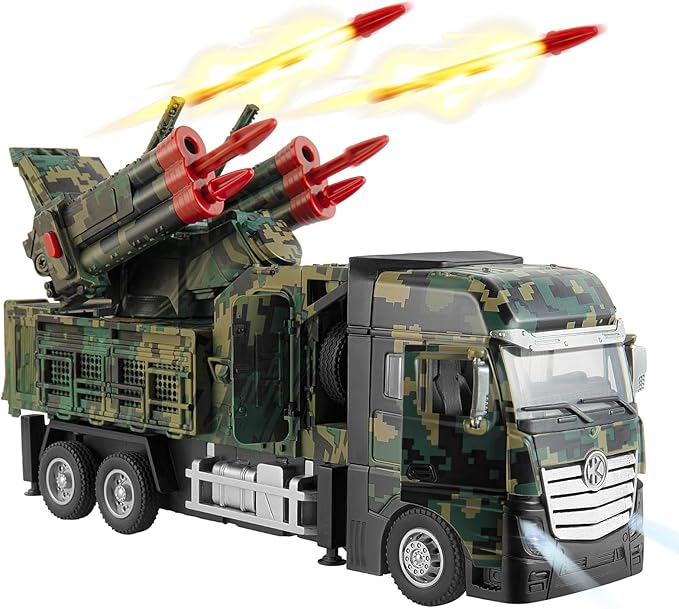 Army Toys for Boy, Military Vehicle Toy with 6 Missile Launcher, Pull Back Army Model Truck with Light and Sound, Military Missile Alloy Vehicle Toys for Kids Age 3-6