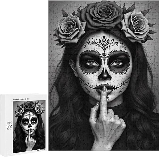 Jigsaw Puzzles for Adults 500 Piece - Gorgeous Sugar Skull Lady Day of The Dead Wooden Puzzle,Family Puzzles，Educational Games，Challenge Puzzles Puzzle Games,Stress Relief Games