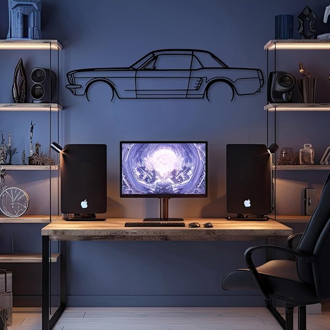 DecoSoul Mustang Metal Car Wall Art, Sports Car, Automotive Silhouette Line Decoration, Minimalist Sculpture for Garage, Indoor Outdoor Wall Hanging, Gift for Boyfriend (Black - 35 x 9.6” inch)
