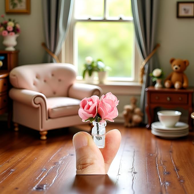 Mini Dollhouse Miniature Vase Micro Landscape Colorful Flower Glass Bottle Miniature Decoration for 1:12 Scale Dollhouse Scene Props Décor Accessoriesecor (Pink)