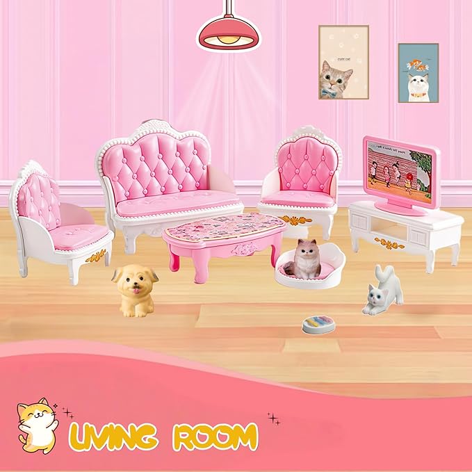 Dollhouse Furniture Set, Complete Room Collection with Kitchen, Dining, Living Room, Bedroom and Bathroom Accessories, Plastic (36-Piece Pink)