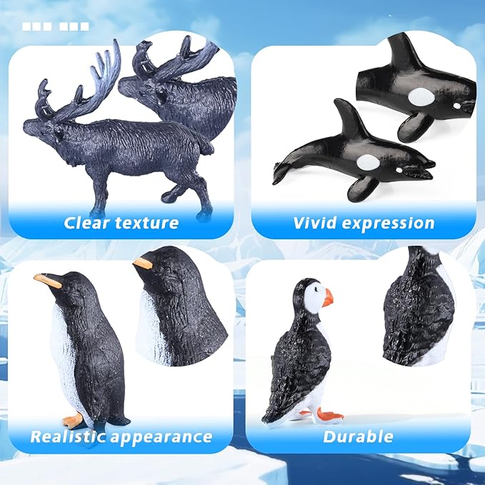 56Pcs Arctic Animal Toy, Mini Figures Polar Bear, Penguin, Caribou, Snowy Owl, Pine Trees, Ice Igloo Rocks for Kids School Project Diorama Sensory Cake Decorations Party Gift