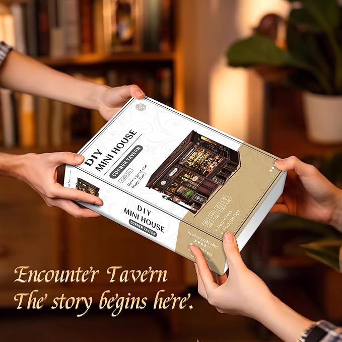 Book Nook Kit for Adults DIY 3D Wooden Miniature House with LED Light, Holiday Theme Dollhouse Craft for Bookshelf Decor Creative Christmas Halloween Birthday Gift for Friends & Family, Corner Tavern