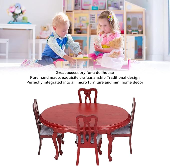 Dollhouse Dining Table Set, 1:12 Scale Dollhouse Mini Furniture Exquisite Premium Wooden Table and Chairs Toysandgames Simulation Furniture