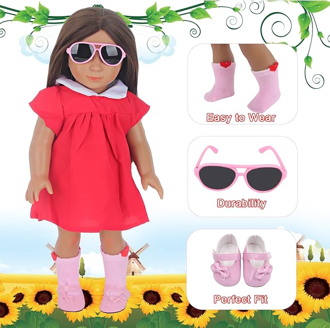 MSYO 18 Inch Doll Shoes & Accessories Set (8-Piece Bundle)-3 Pairs Shoes + 3 Socks + 2 Glasses,Dress-Up Kit for 18 Inch Dolls,Girls Birthday Gift,Bulk Crafts & Playtime Accessories
