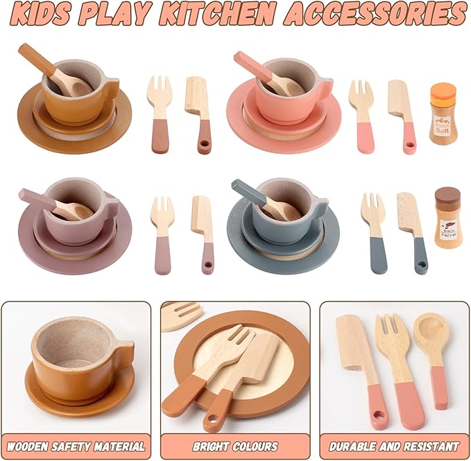 GAGAKU Wooden Dishes Kids Play Dish Set - Wood Plates Set for Toddler Montessori Wooden Kitchen Toys