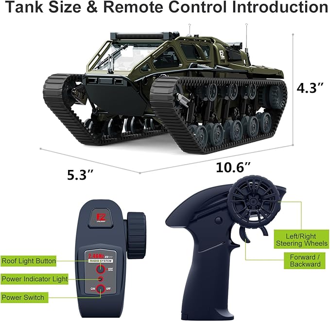 RC Tank All Terrain Army Truck for Kids - 2.4G Fully Proportional Remote Control Military Vehicle with 2 Batteries, Rock Crawler 4WD 360°Rotating Drifting Car with Cool Lights, Great Gift for Boys