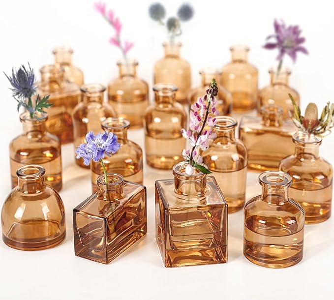 Small Mini Flower Vases - Set of 20 Amber Glass Bud Vases - Vintage Rustic Centerpieces for Weddings, Events & Home Décor - Premium Quality, Timeless Designs