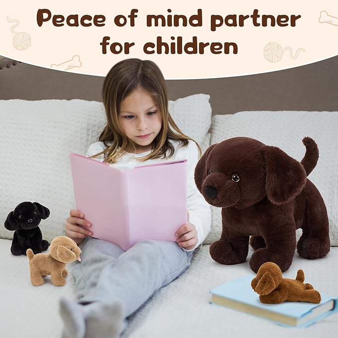 4Pcs Lab Plush Toy, 15.7" Chocolate Mom Labrador Stuffed Animal with 3 Cute Stuffed Baby Dogs in Mother's Belly, Soft Lab Puppy Plushies for Kids Dog Lovers,Christmas Birthday Gift