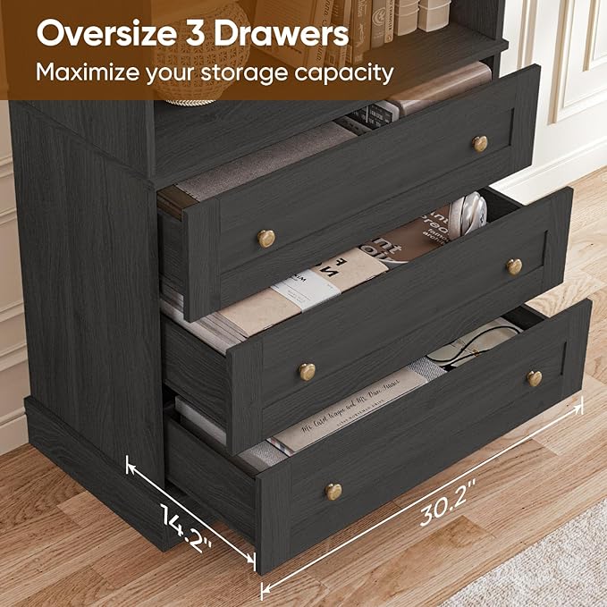 71" Tall Farmhouse Kitchen Pantry, Large Storage Cabinet with Adjustable Shelves, 3 Drawer, Wood Versatile Hutch Cabinet for Dining Room, Living Room, Black 2 PCS