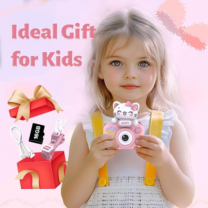 Kids Camera for Girls and Boys,1080P 8X Digital Zoom Camera for Kids Age 3 4 5 6 7 8, 48MP Dual Lens Toddler Cameras for Christmas Birthday Gifts with Silicone Case & 16GB TF Card,Pink