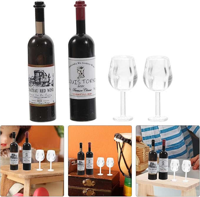 BESPORTBLE 1set Mini Wine Bottles and Glasses Ornaments Box Dollhouse Accessories for Decoration and Photography Realistic Miniature Wine Bottles and Glasses