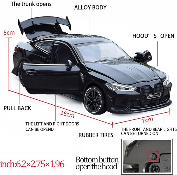 Toy Cars Compatible for M4（M Performance Parts） 1/32 Metal Model Car Pull Back Car Toys with Light and Sound Toys Car Collectible Model for Children Age 3 + Year Old (Black)