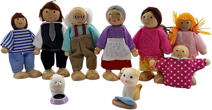 12 Pieces Wooden Dollhouse Family Set with Dog Cat Mini People Figures Dollhouse Dolls Wooden Doll Family Pretend Play Figures Accessories for Pretend Dollhouse(Style 2)