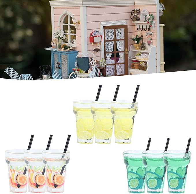 9Pcs 1:12 Miniature Dollhouse Juice Drink Cups Colourful Simulation Drink Wine Glass Model for Mini House Dining Hall Decoration