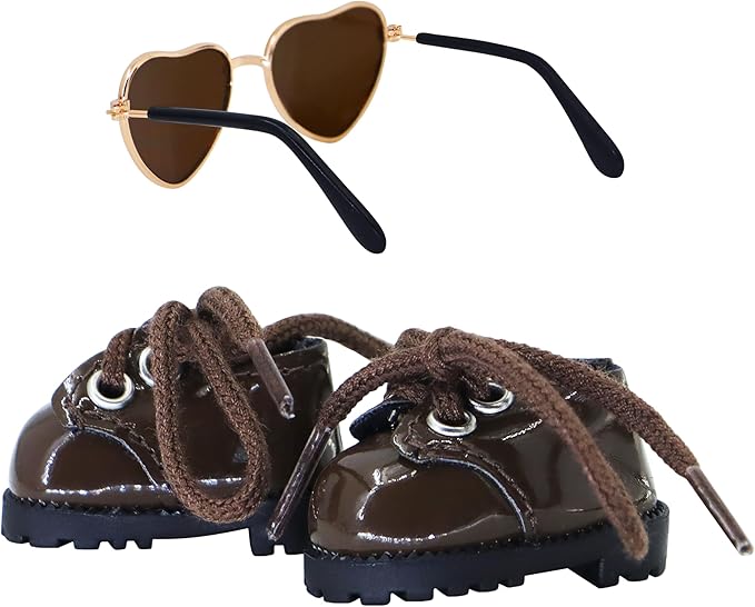 Suitable for 17cm Doll Clothing Accessories Set, Cute PU Leather Lace-up Mini Oxford Shoes and Glasses Two-Piece Set (Brown)