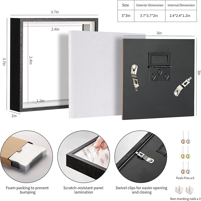 3x3 Small Square Shadow Box Picture Frame Display Case with Soft Linen Back,Small Mini Tiny Black Deep Shadow Memory Box Frame 3x3 for Nsect Specimen Baby Wedding Pet Graduation Medal Souvenir