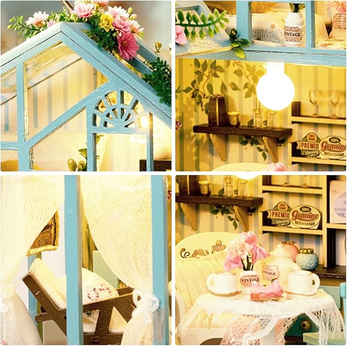 Miniature House Kit, Tiny House Kit with LED Light, DIY Mini House Building Kits for Adults to Building, Unique Gift for Birthday Christmas, Tea House