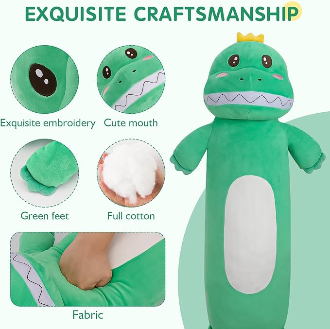 36” Large Dinosaur Plush Long Pillow, Cute Green Extra Dinosaur Stuffed Animals, Big Soft Body Pillow Squishy Plushies Toy, Gifts for Kids Boys Girls, Birthdays, Halloween, Christmas