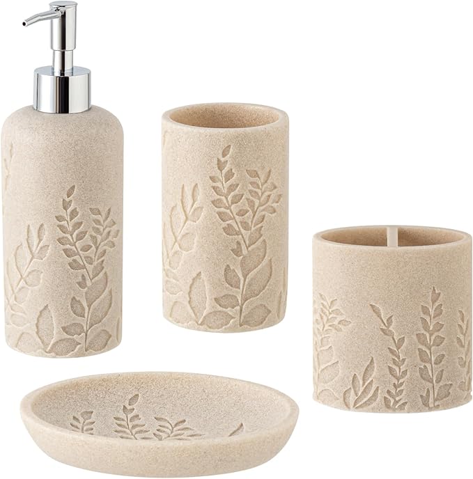 Haocoott Bathroom Accessories Set, 4 PCS Bathroom Accessory Sets with Soap Dispenser 13 OZ, Toothbrush Holder, Tumbler, Soap Dish, Bathroom Countertop Organizer, Sea Bathroom Decor (Leaf Beach)