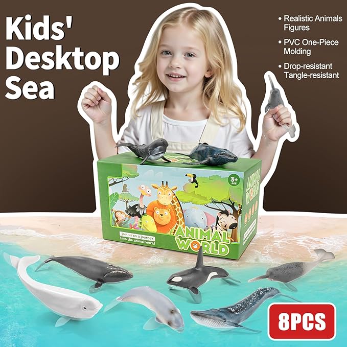 8PCS Whale Figurines Toys for Toddlers, Realistic Ocean Animals Figures Sea Creatures Toys for Kids Includes Beluga Orca Blue Whale, Birthday Party Favors & Gifts for Boy Girl