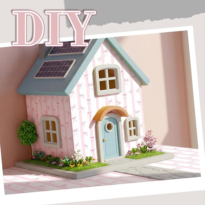 Flutesan 12 Pcs Miniature Dollhouse Wallpaper and Flooring Peel and Stick Mini DIY Self Adhesive Dollhouse Accessories 8.27 x 11.69 Inch (Pink Bow)
