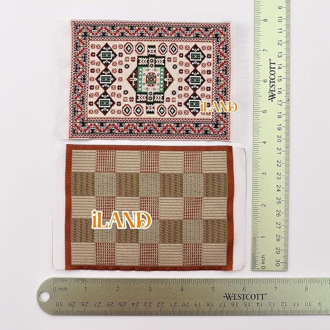 iLAND Miniature Dollhouse Accessories of Carpet for Dollhouse Furniture on 1/12 Scale and 3” - 12” Dolls, Woven Dollhouse Rugs 6” x 3.8” (2pcs Rhythm)