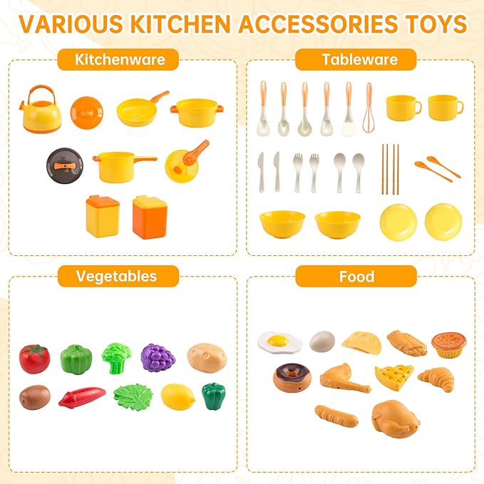 60Pcs Kids Mini Play Kitchen Accessories, Pretend Cooking Play Set with Cookware, Tableware & Fruit & BBQ Sets, Learning Gift for Boys, Girls, Toddlers,Yellow