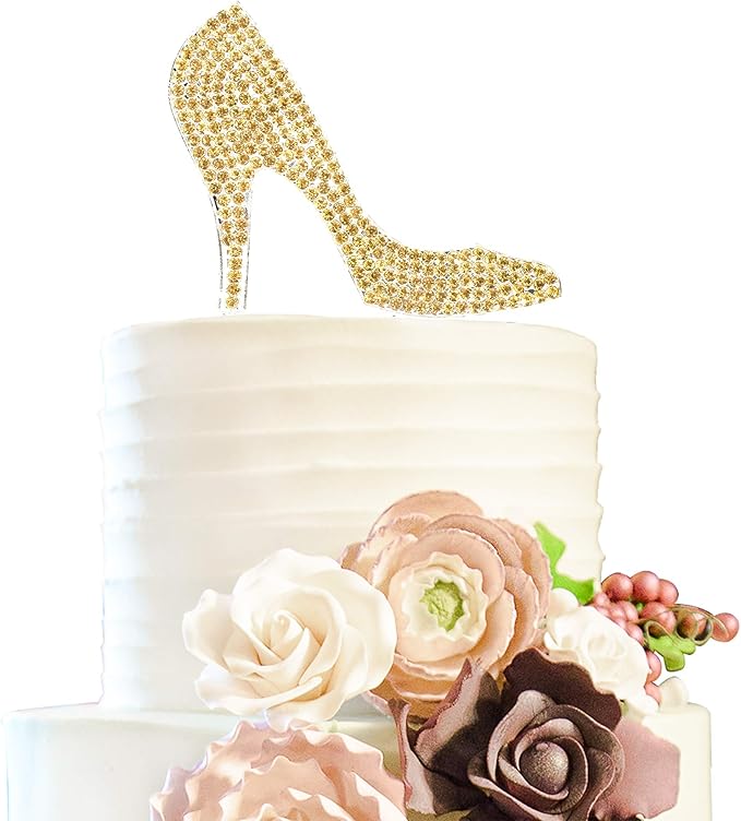 LINGTEER High Heel Gold Rhinestone Crystal Cake Topper Perfect for Birthday Wedding Anniversary Party Keepsake Sparkle Decoration
