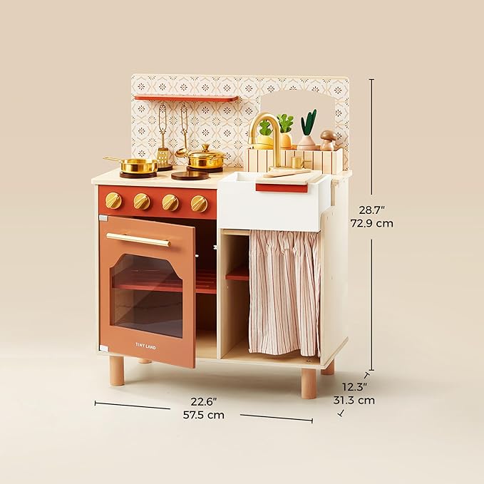Tiny Land Play Kitchen, Kids Kitchen Playset, Toddler Kitchen with Cutting Food Set, Wooden Kitchen Sets for Kids, Gift for Girls and Boys